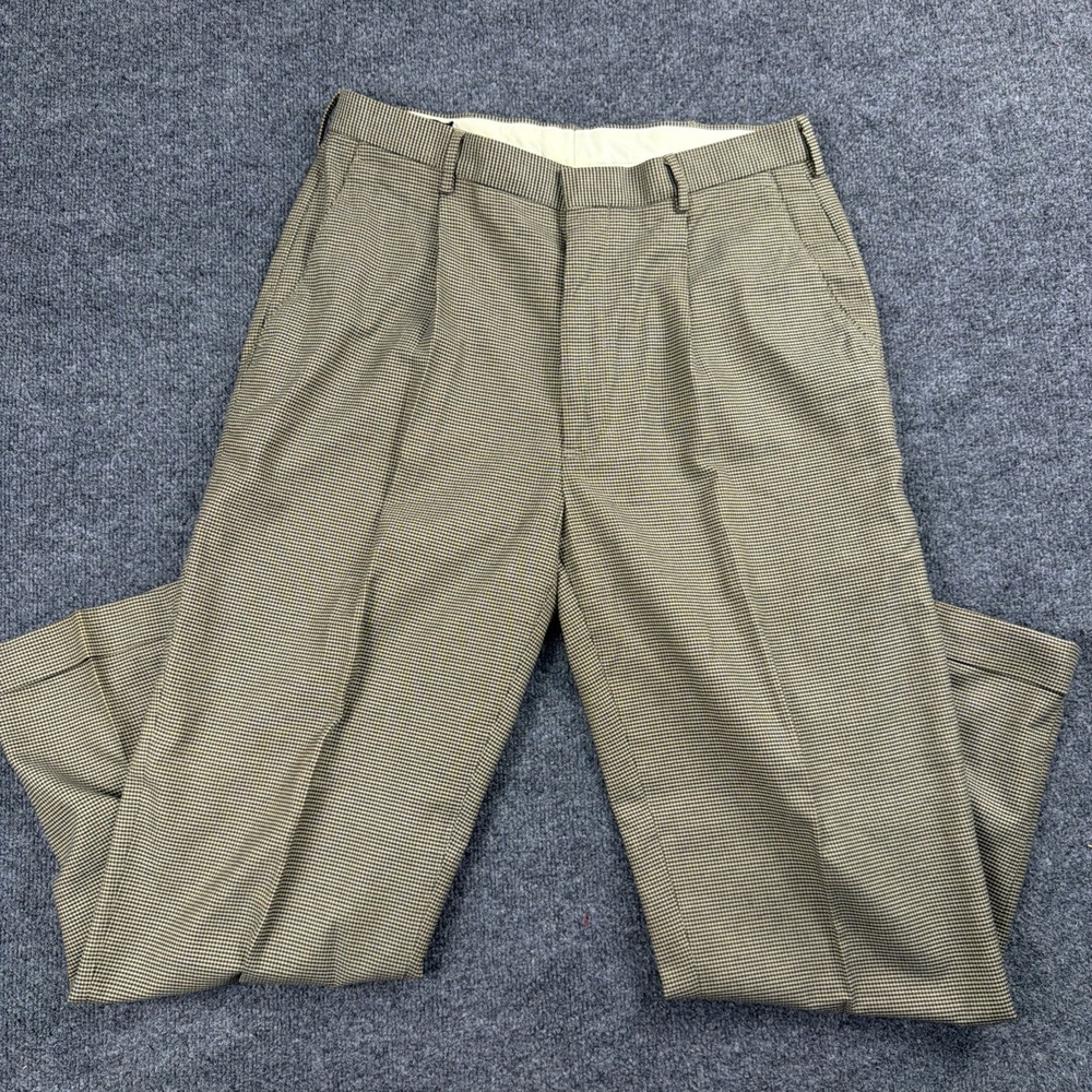 VTG Polo Ralph Lauren Pants Men's 34x30(33x29) Brown Pleated Cotton‎ Houndstooth